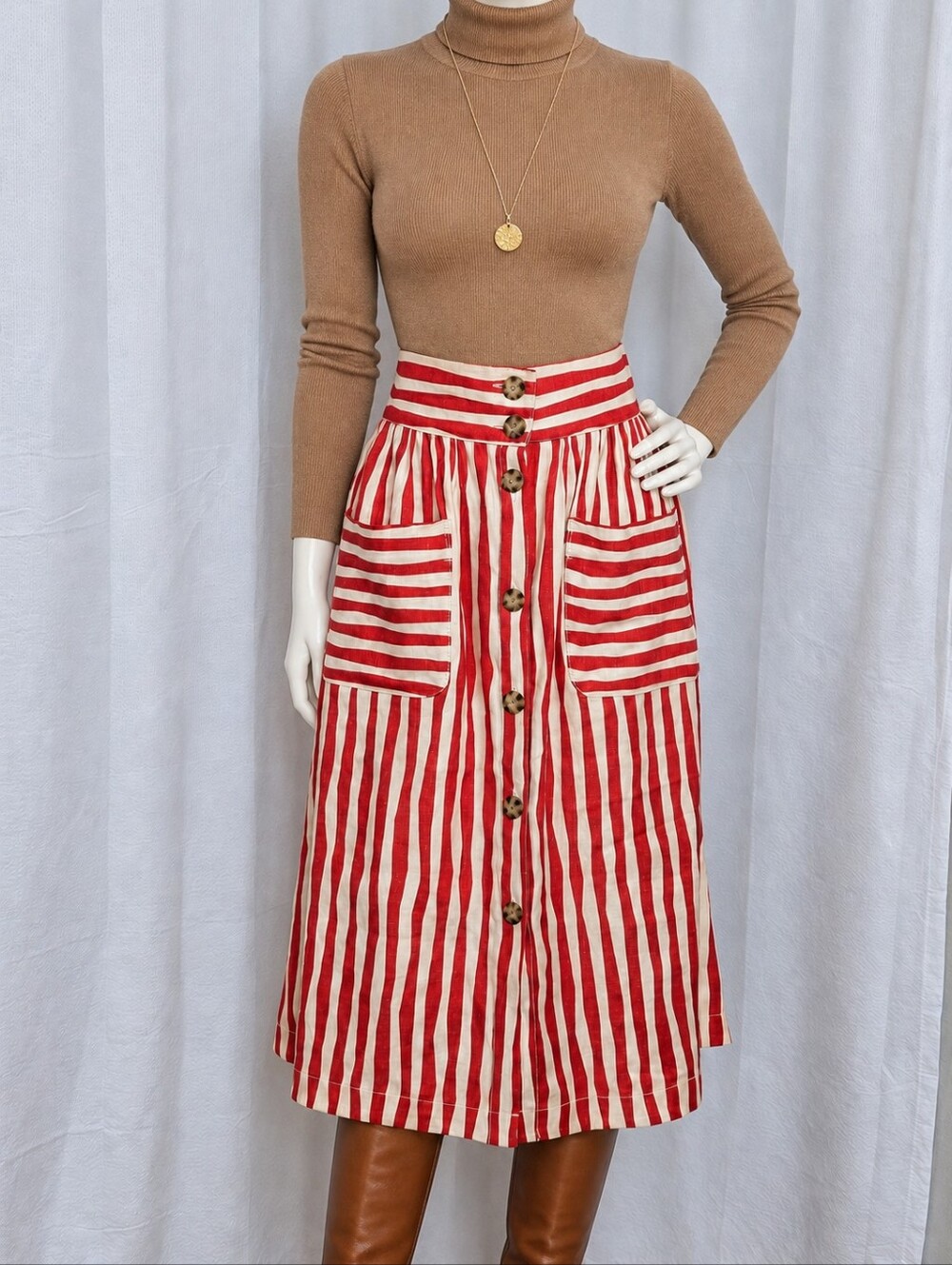 L.K.Bennett SK ANNELIN Striped Linen Midi Skirt in Red & Cream US 6 Like New